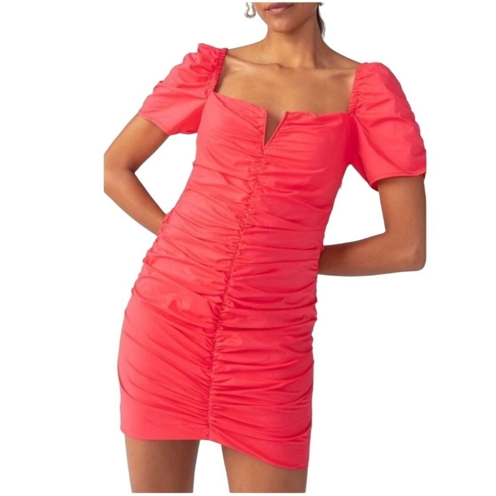 Sanctuary Ruched Square‎ Neck Puff Sleeve Mini Dress Coral Size 6